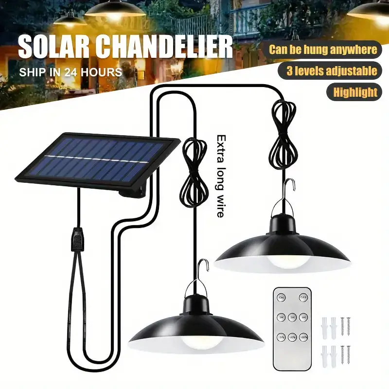 2/1 Head Solar Pendant Light Remote Outdoor Lamp Waterproof Power Garden Chandelier Indoor Garden Yard Shed Barn LED with Remote