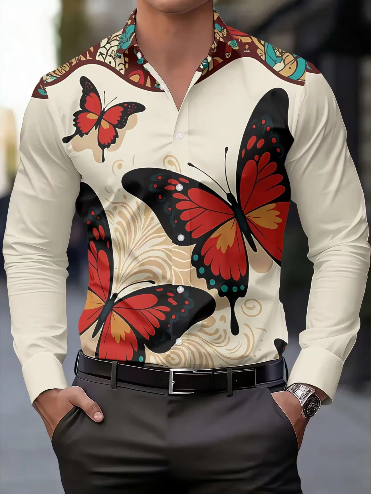 New blue and white spliced tropical floral print men's long sleeved shirt for vacation style casual floral shirt