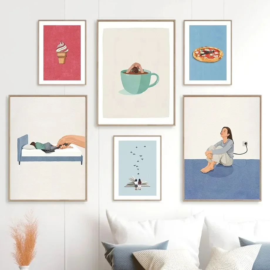Humorous Funny Charge Coffee Read Sleep Cooking Pizza Poster Art Print Canvas Painting Wall Pictures Living Room Home Decorat