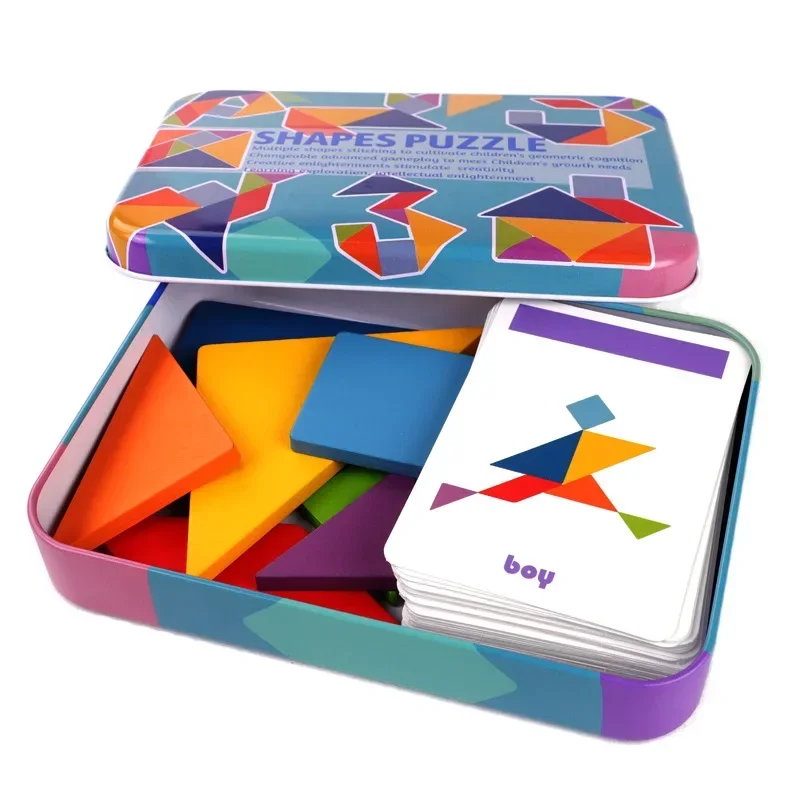 Rompecabezas Tangram de madera para niños, puzle de almacenamiento colorido con caja de hierro, Educación Temprana Montessori, juguetes con letras y números de inteligencia