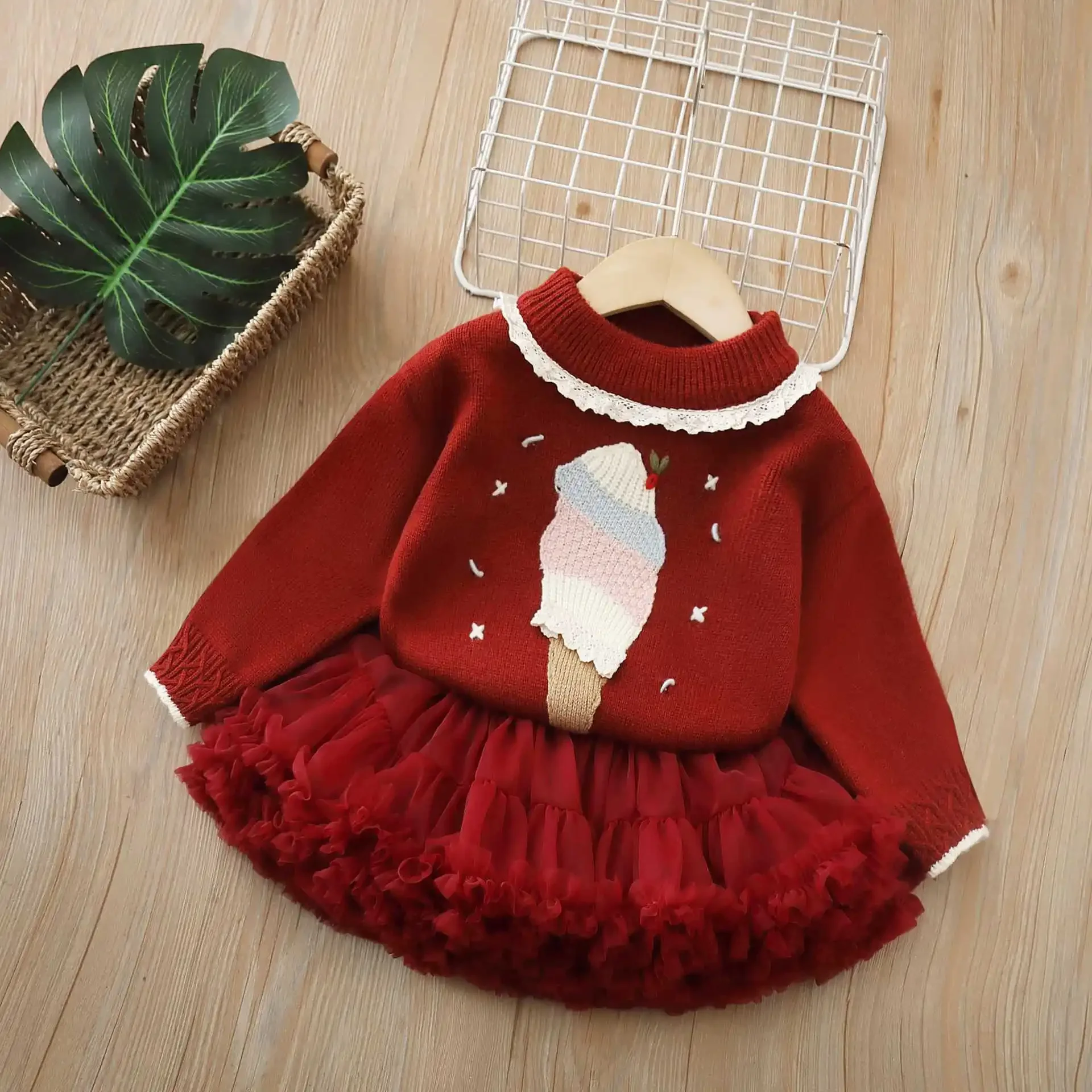 Ice Cream Print Christmas Set for Girls Lace Collar Knit Top Tulle Skirt Party Outfit for Autumn Winter Girls Christmas Knit Set