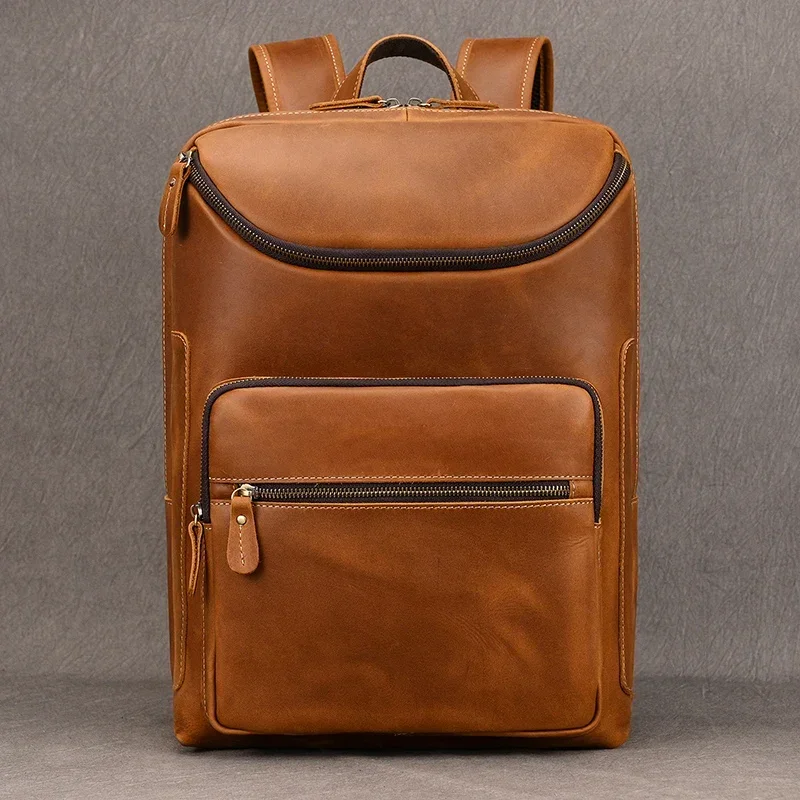 2024 New Fashion Leather Bagpack Bag 14 15.9 Laptop Backpack For Man Male Genuine Leather Men's Travel Bagpack Crazy Horse Skin