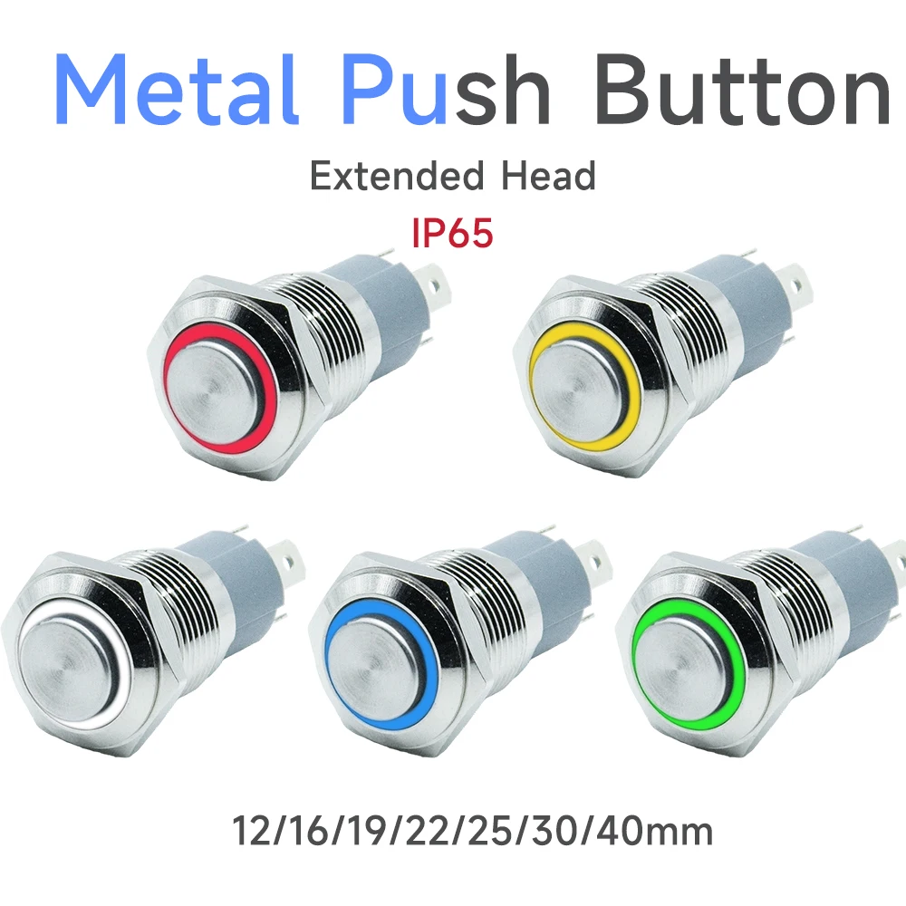 Cabeça estendida 12mm 16mm 19mm 22mm botão de metal interruptor liga/desliga luz led círculo à prova d' água 3v 6v 12v 24v 110v 220v ip65