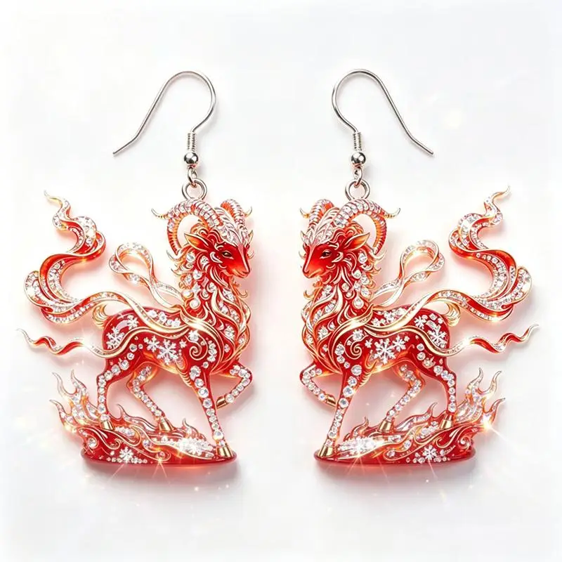 Acrylic Chinese Zodiac Goat Hanging Earring Auspicious Red Gold Design For Spring Festival New Year Jewelry Gift