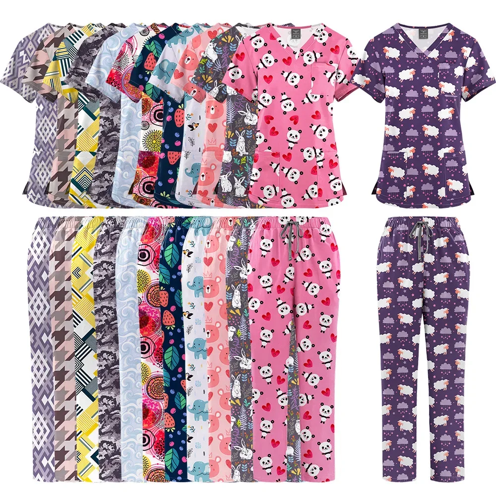 

Fashion Print Medical Uniforms Cartoon Hospital Scrubs Sets Nurses Accessories Dental Clinic Beauty Salon Workwear Clothes Suits