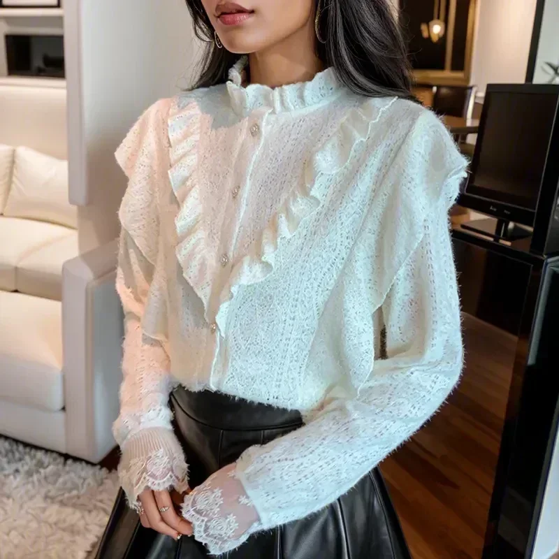 Sweet Tops Vintage Ruffles Lace Blouse Women Autumn Long Sleeve Button Shirt Women Elegant Hollow Office Lady Shirt Blusas 29751