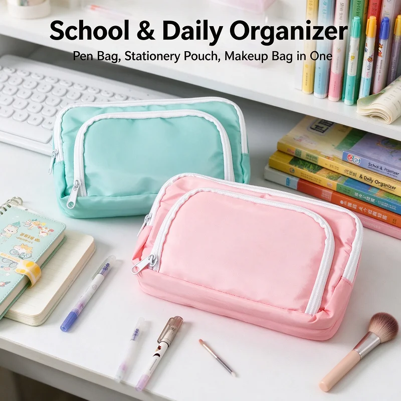 Kawaii Large Capacity 3 Layers Pencil Case Front Window Pencil Bag Student Stationery Pouch Portable Makeup Storage Bag