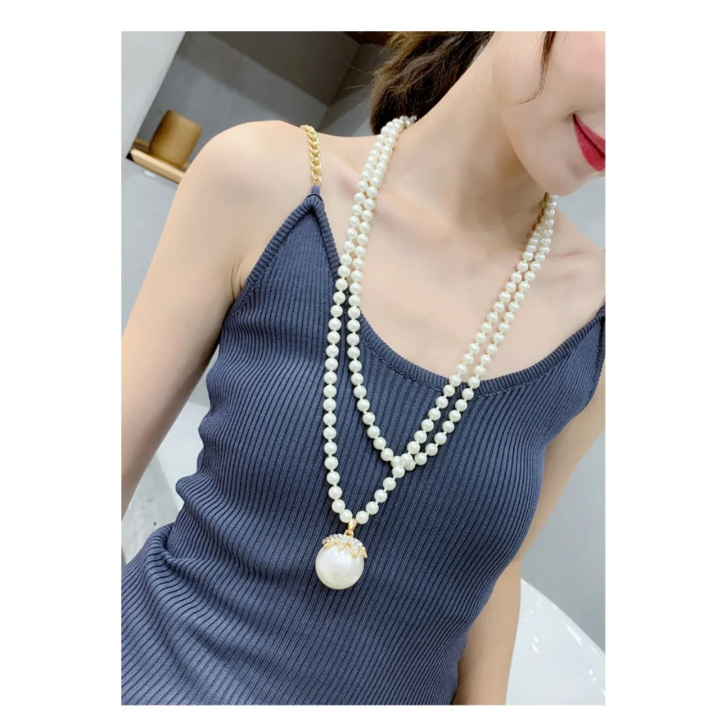 Big Simulated Pearl Ball Multi Layer Long Necklace For Women 2024 New Sweater Chain