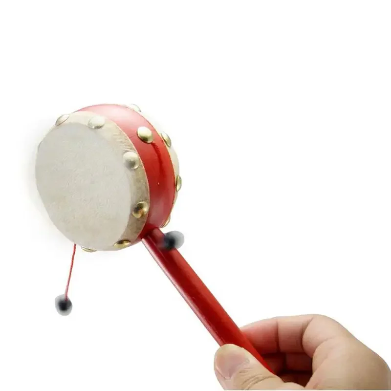 Chinese Traditional Sheepskin Drum Wooden Baby Rattle Toys Newborn Toddler Kids Educational