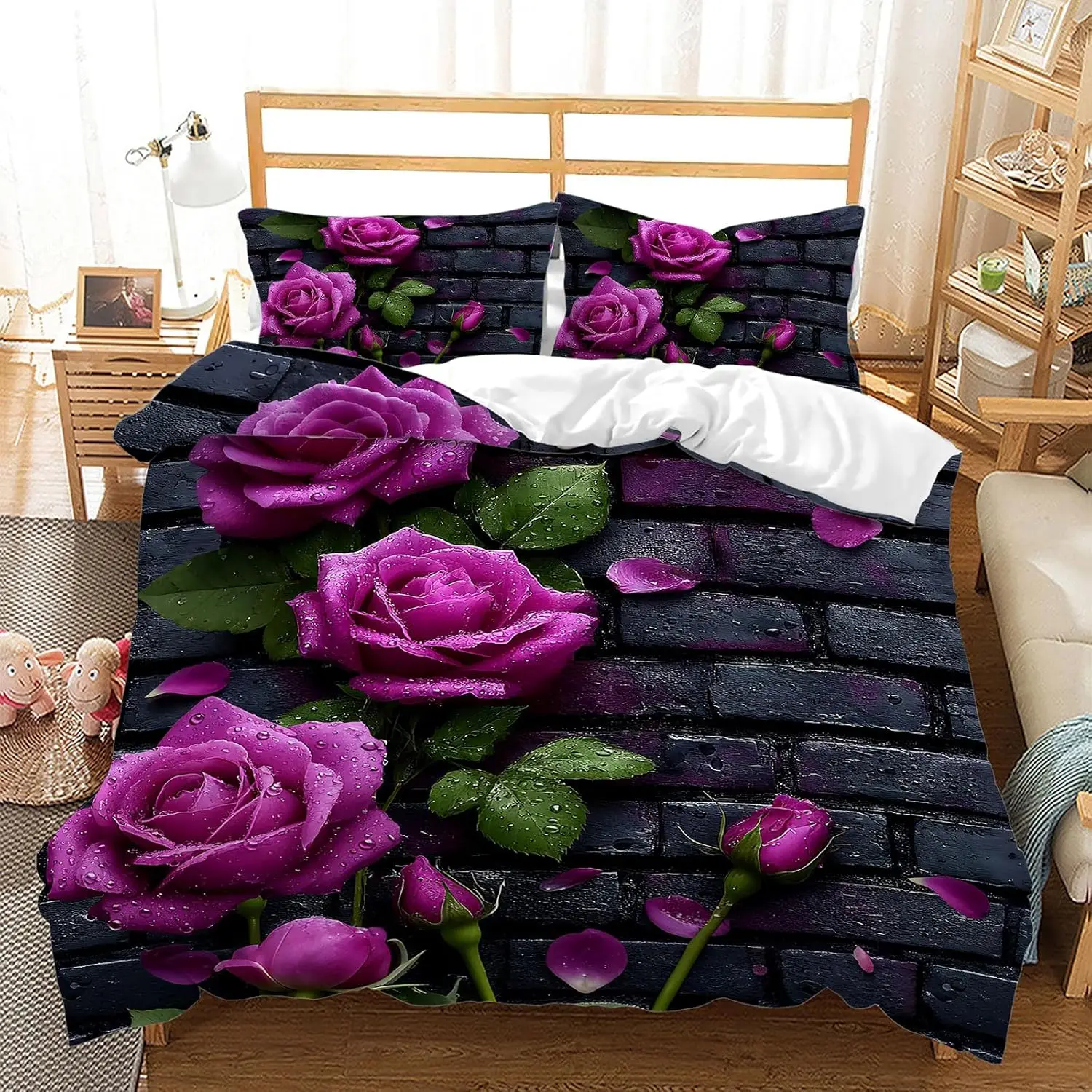 Rose Duvet Cover Set Romantic Rose Floral Bedding Set Microfiber Botanical Flowers Comforter Cover For Women Girls Bedroom Decor