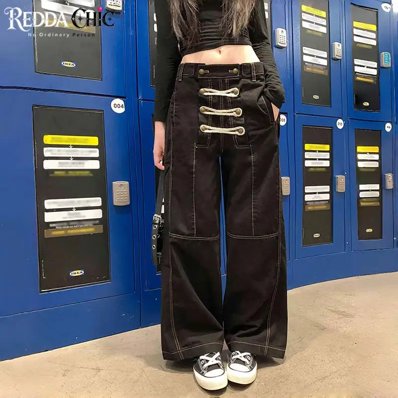 ReddaChic Women Double-breasted Baggy Black Jeans Napoleon Hiphop Low Waist Loose Fit Cargo Denim Pants Royal Causal Streetwear