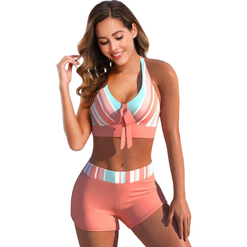 Summer Vacation Women's Design Cross Strap Backless Swimsuit Two Piece Patchwork Printed Top Swimsuit S-6XL