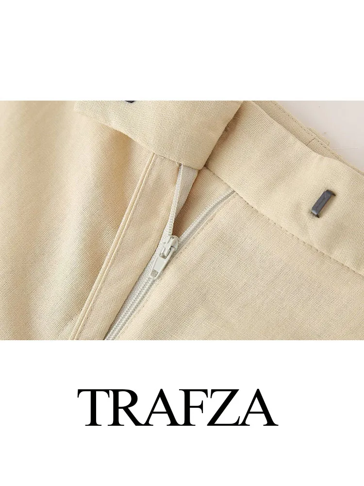 TRAFZA Women Summer New Fashion Long Pants Solid Low Waist Pockets Zipper Trousers Female Casual Straight Pant Linen Pants