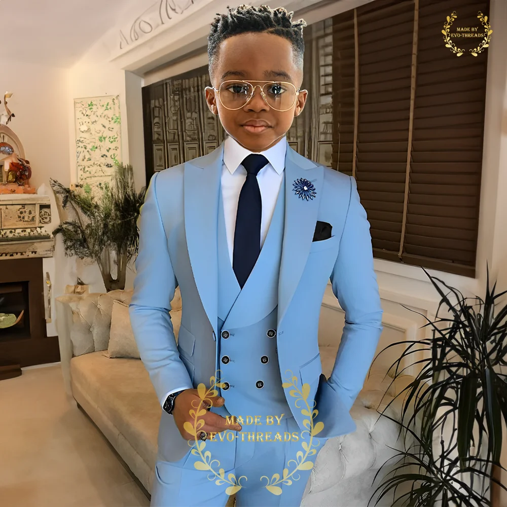 

Boys' Suit in Sky Blue 3 PCS Peak Lapel Jacket Vest Pants Set Tailored Formal Suit Elegant Wedding Party Costume for Kids Pupils