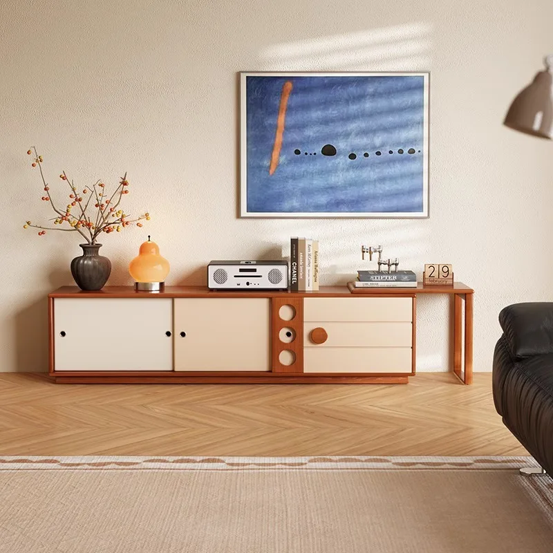 

Medieval retractable solid wood TV cabinet Small apartment living room French cream style boxwood floor locker