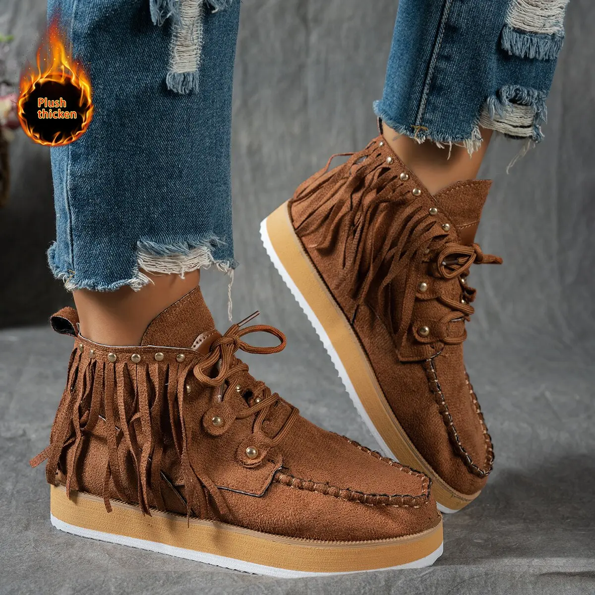Women Boots Autumn Winter Round Toe Shoes Woman Trend Western Cowboy Chelsea Boots Vintage Tassel Lace-up Ankle Boots for Women