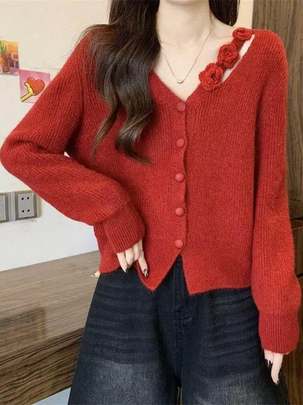 Unique Short Knitted Sweater Cardigan Women's Autumn Winter Fashion Elegant Ageless Style Medium Softness V-Neck Elastic Regu...
