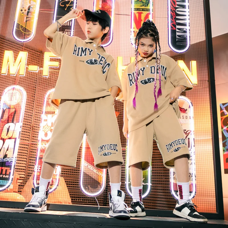 Kids Hip-hop Dance Costume Girls Summer Lapel Print Pollo Shirt Elastic Waist Loose Shorts 2pcs Streetwear Casual Boys Clothings