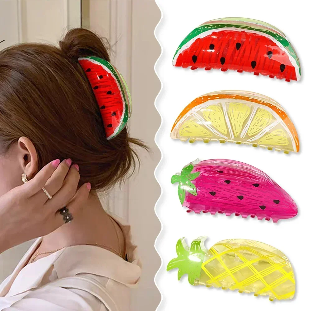 11cm 1pc Acrylic Hand-painted Fruit Print Hair Clip Large Size Women's Hair Pineapple Grabber Holiday Girl Hair Accessories Gift