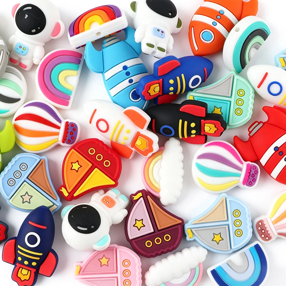 10pcs/Lot Rainbow Cloud Sailboat Rocket Astronaut Shape Silicone Focal Beads DIY for Jewelry Making Accessories Beaded Pen