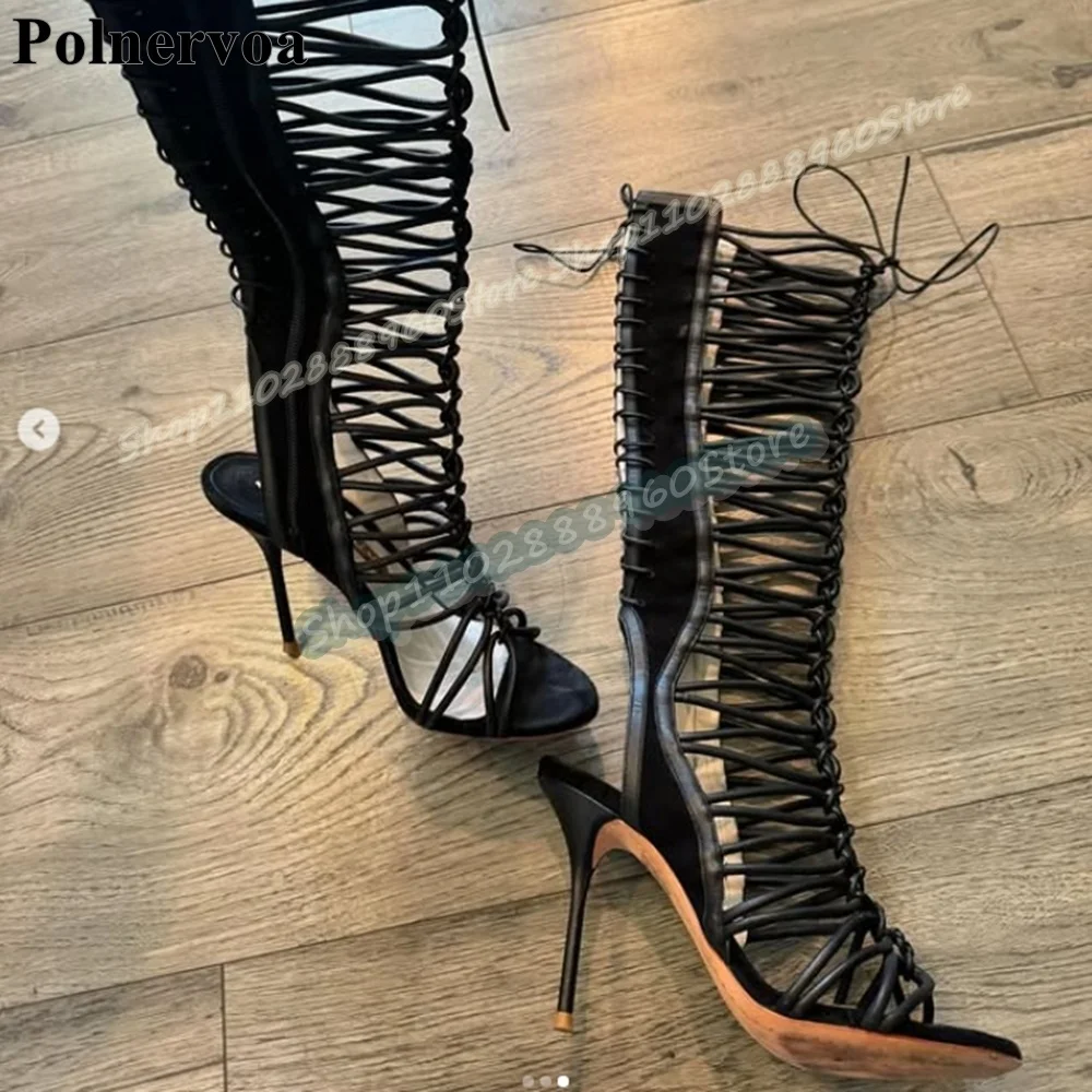 

Sexy Black Cross Tied Narrow Strappy Sandals Stilettos High Heel Shoes For Women Side Zipper Open Toe Stylish Zapatos Para Mujer
