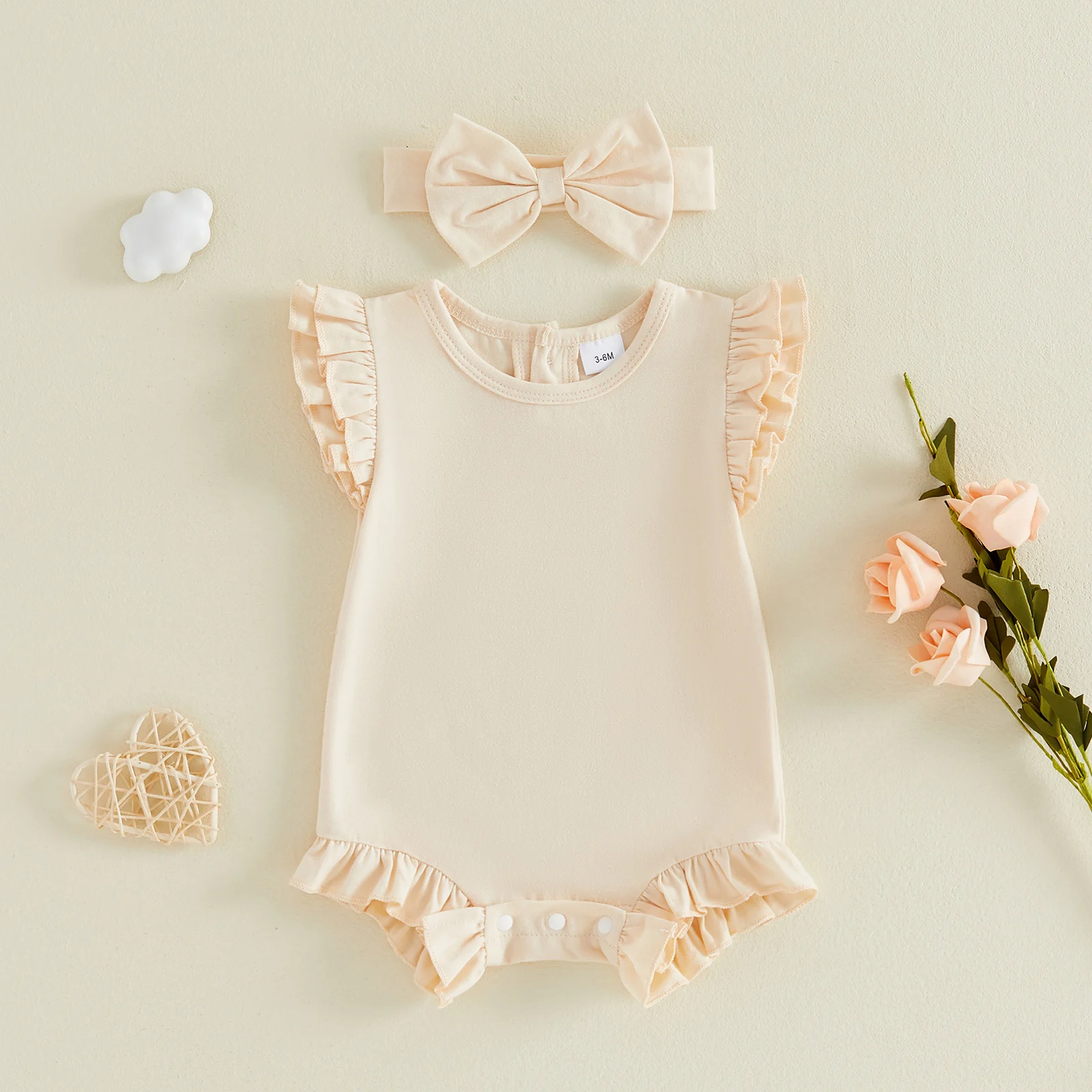 Summer Newborn Baby Girl Bodysuits Outfits Solid Flutter Sleeve Ruffled Romper Bow Headband 2 Piece