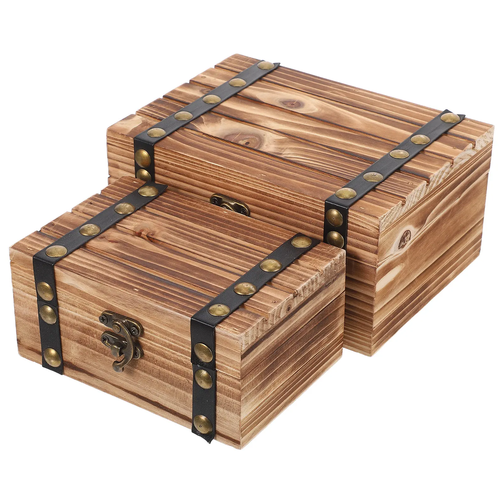 2Pcs Rustic Wood Jewelry Box Retro Desktop Organizer Flip Lid Storage Chest for Necklace Bracelet Earrings Display