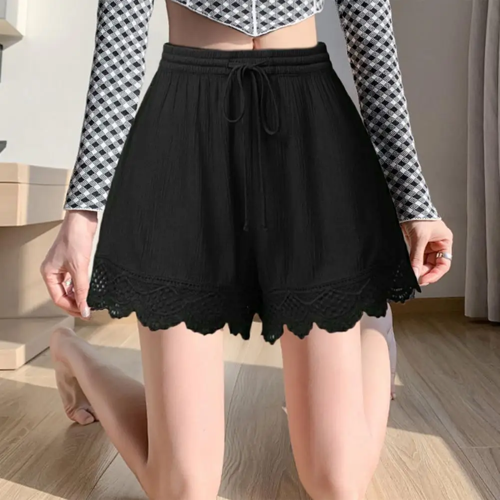 Casual Shorts Elegant Lace Edge Women's Summer Shorts with Drawstring Elastic High Waist Pleated Loose Fit for Casual Dating