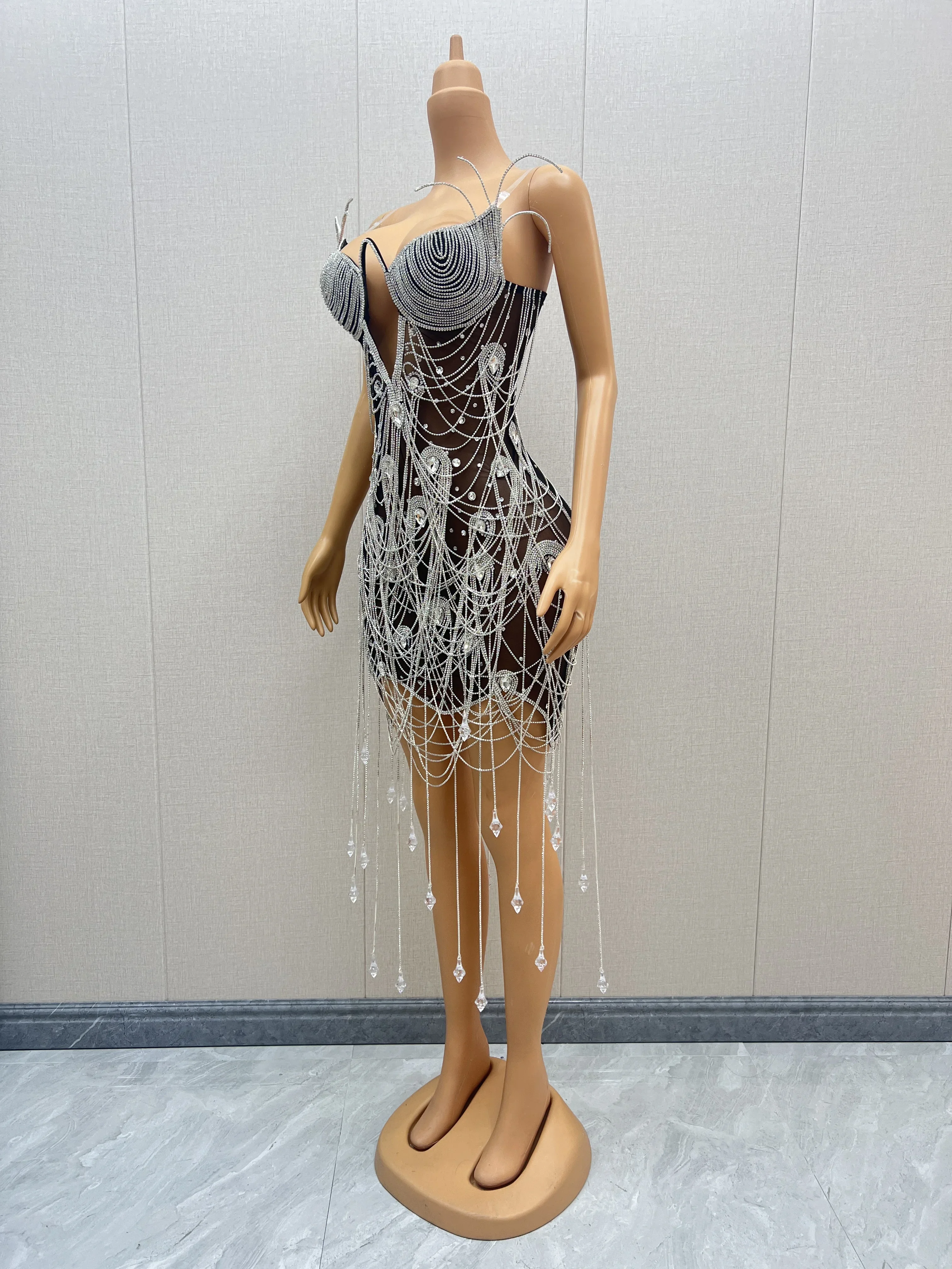 Evening Birthday Celebrate Rhinestones Chains Outfit Sexy Stretch Dance Costume Shining Silver Crystals Fringes Dress