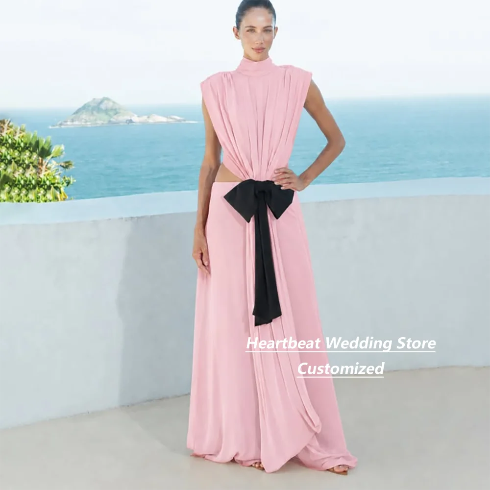 Customized Blush Pink Mother Of The Bride Gown High Neck Sleeveless Cutout Backless Black Bow Chiffon Wedding Formal Long Dress