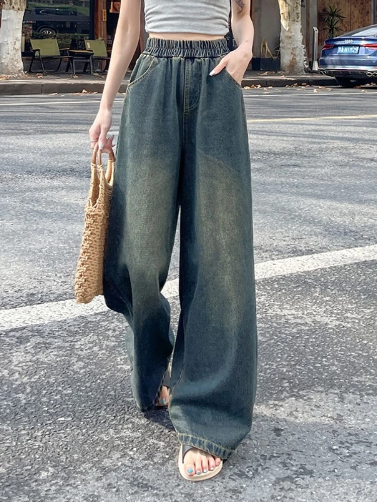 2026 Spring Summer High Waist Women Jeans Vintage Washed Spliced Elastic Waist Loose Female Tide Full-Length Wide Leg Pants