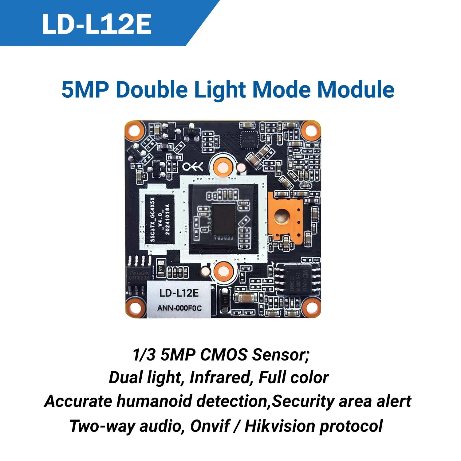 L12E 5MP Starlight SSC377D + SC535 Open AI IP Camera Module Dual Light 25FPS H.265+ Human Detection Two-Way Audio CCTV Board