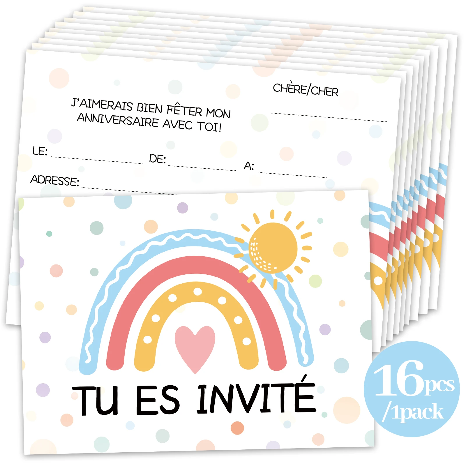 16 Stück französische Regenbogen-Dot-Einladungskarte für Geburtstagsfeiern