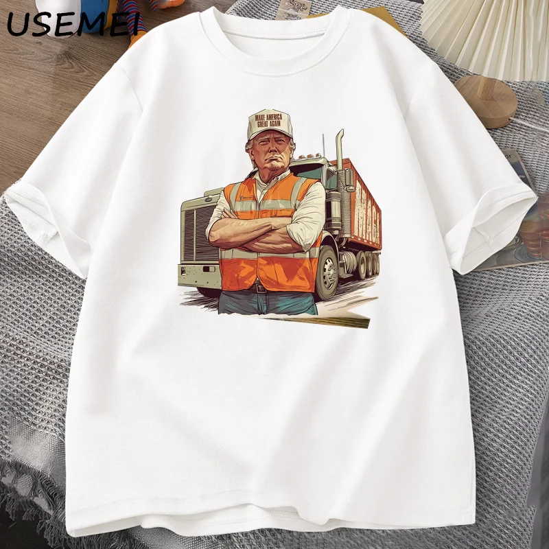 Donald Trump with Garbage Truck Printed T-shirt Humorous Trump Christmas T-Shirt Men Women Cotton Graphic Tee Male Clothing