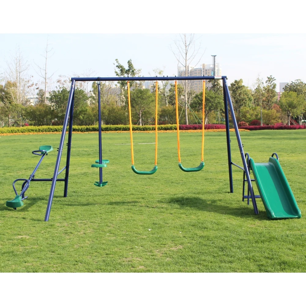 Metal Swing Set w/ Slide Playground for Kids Exterior, Children Slide Outdoor/Indoor Amusement Facilities, Kids Play Equipment