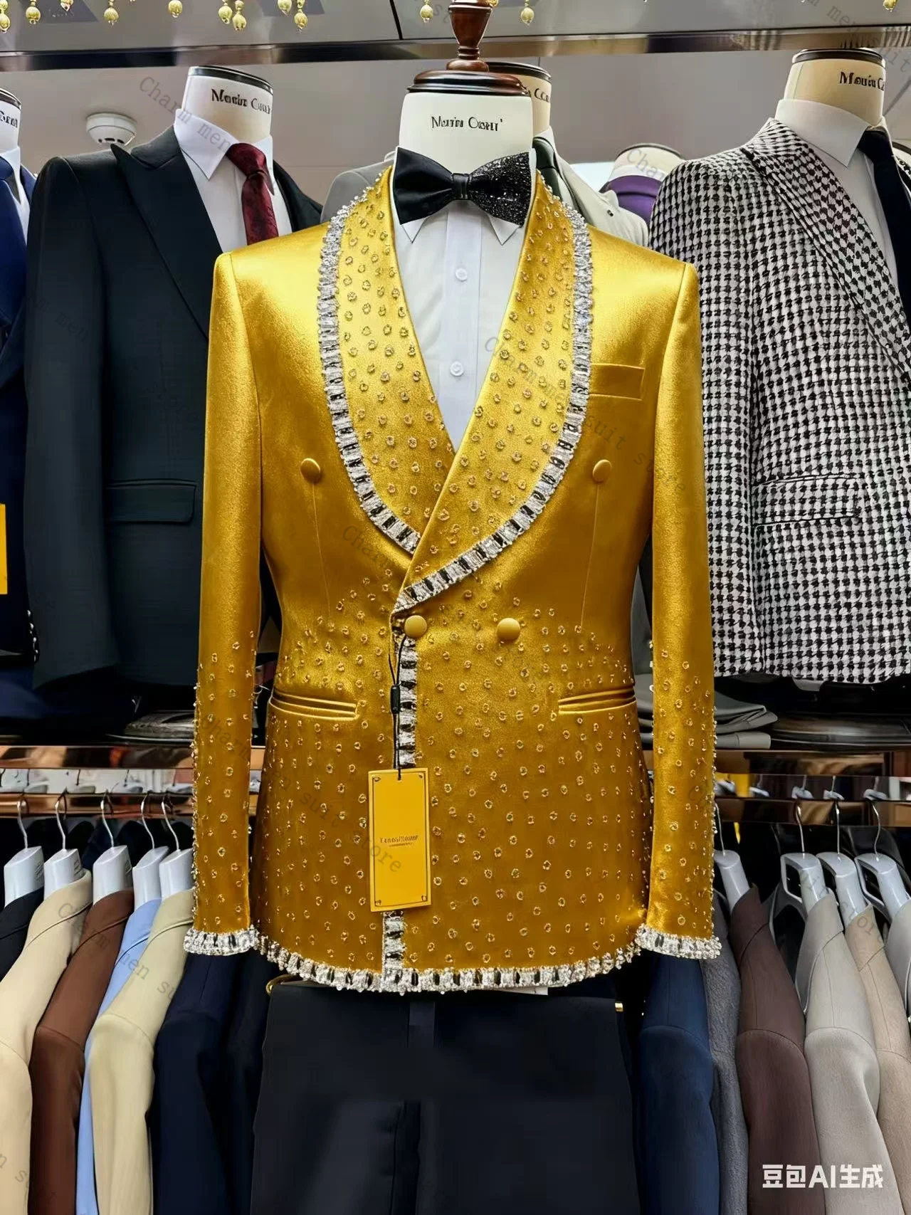 

Golden Men Suits Set 2 Pcs Crystals Blazer+Black Pants Trousers Wedding Tuxedos Formal Office Customized Prom Jacket Coat