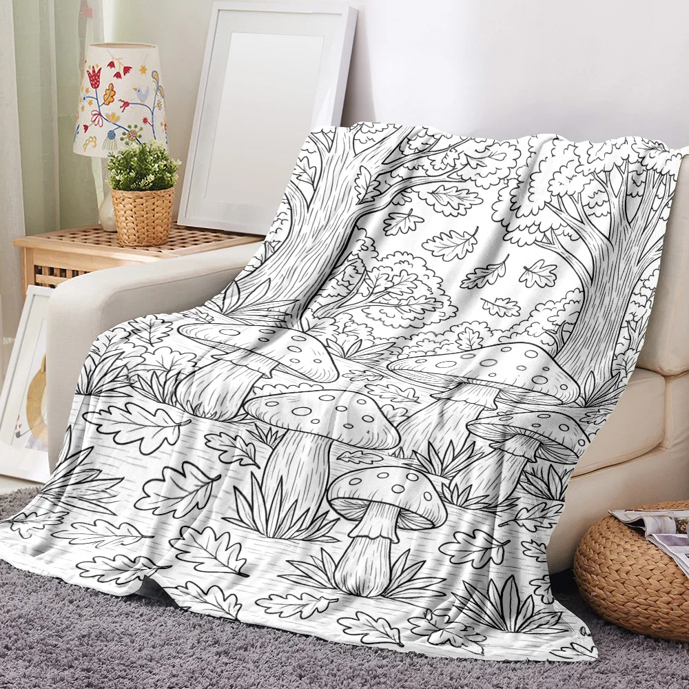 1PC Mushroom Forest Pattern Blanket-can doodle colors yourself. Great for travel, camping, living rooms, offices, sofas, chairs