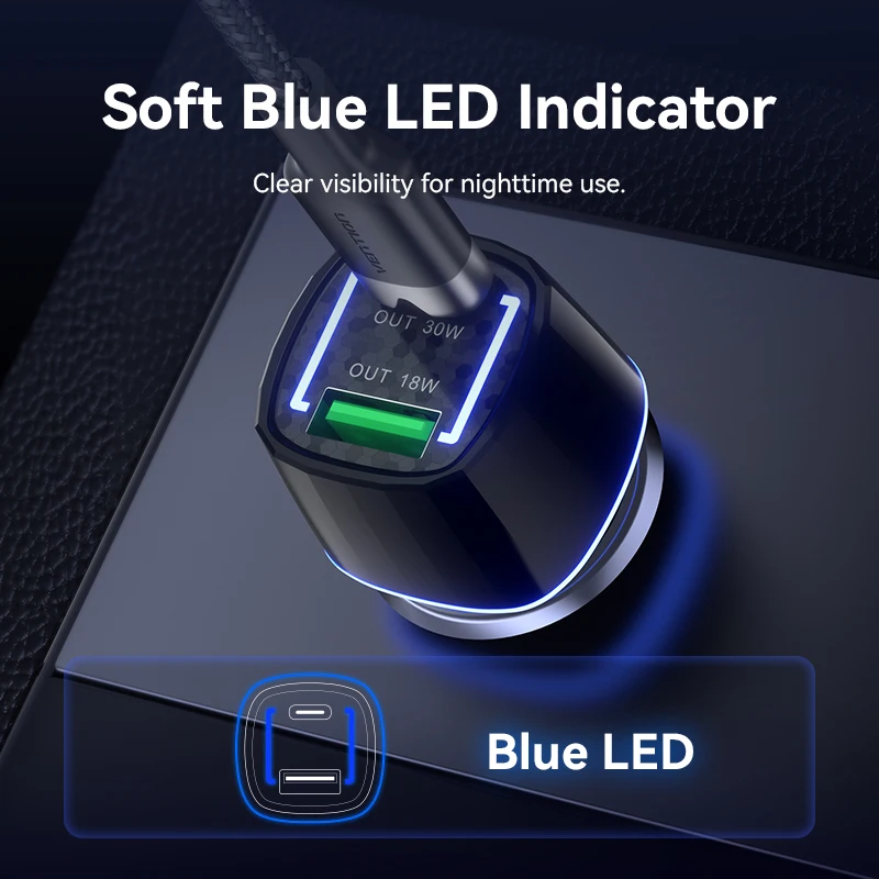 Vention USB Car Charger 48W Quick Charge QC3.0 PD Type C Fast Car USB Charger For iPhone 16 Xiaomi Mobile Phone Fast Charging