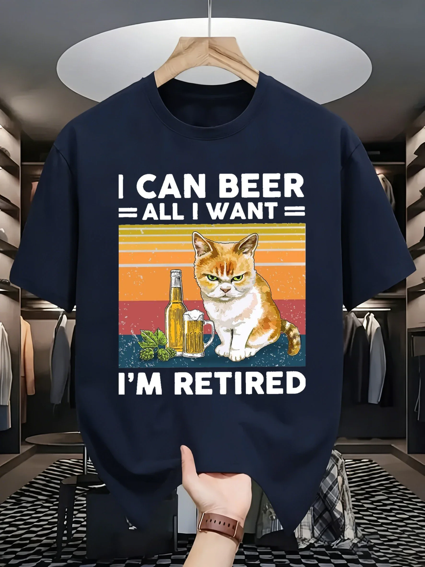 I Can Beer I Am Retired Design Basics Daily T-Shirt Man Cotton Soft T Shirts All-Match Summer Clothes Comfortable Loose Top