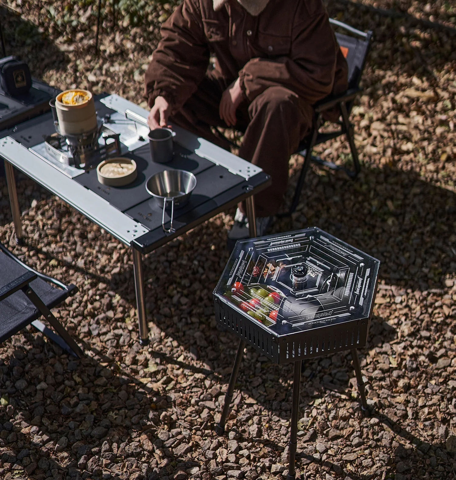 Outdoor Folding Camping Table with LED Light, Adjustable Height Double Layer Storage for Picnic, Hiking, Beach