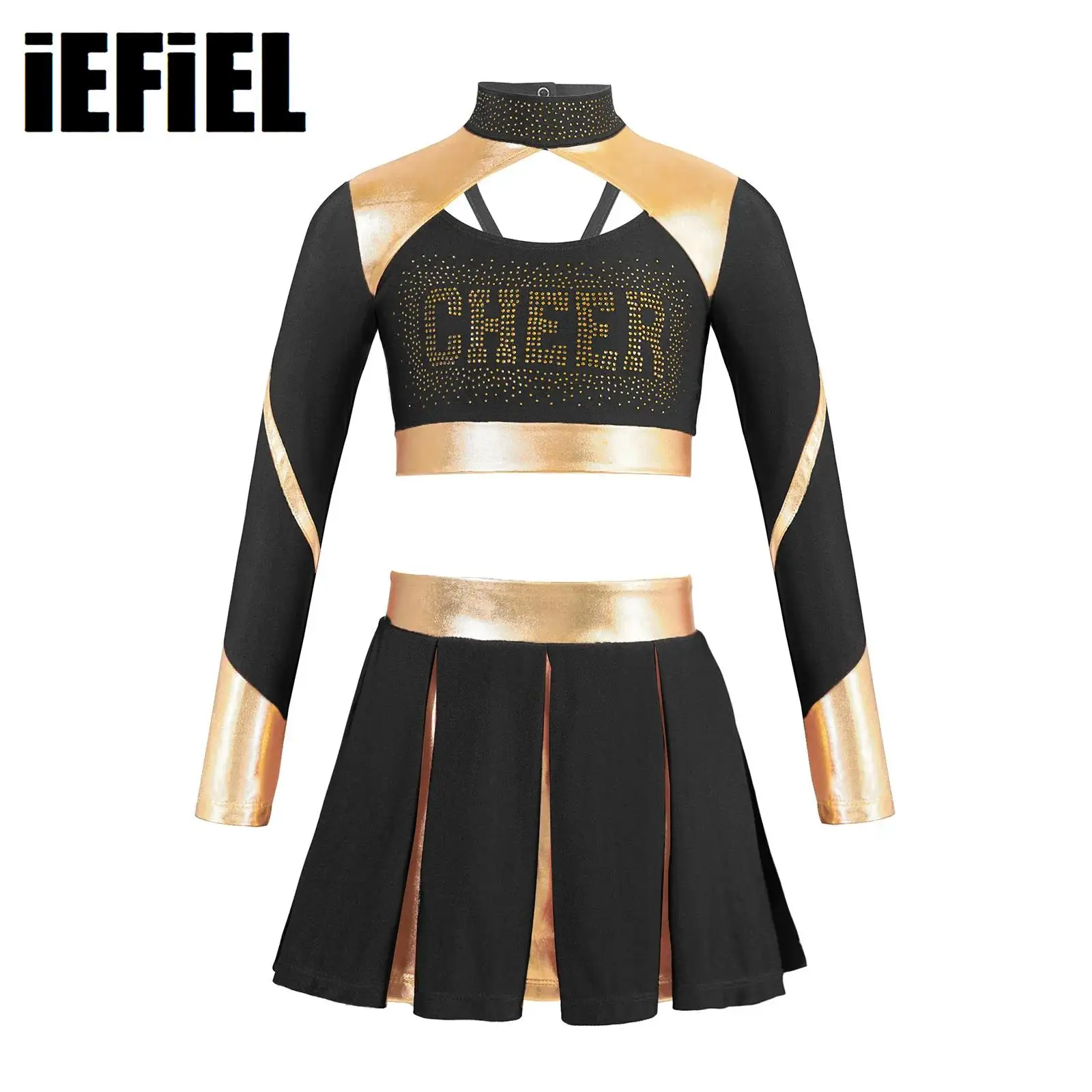 

Kids Girls Cheerleading Outfit Mock Neck Long Sleeve Shiny Rhinestones Letter Print Cutout Crop Top with Pleated Skirt