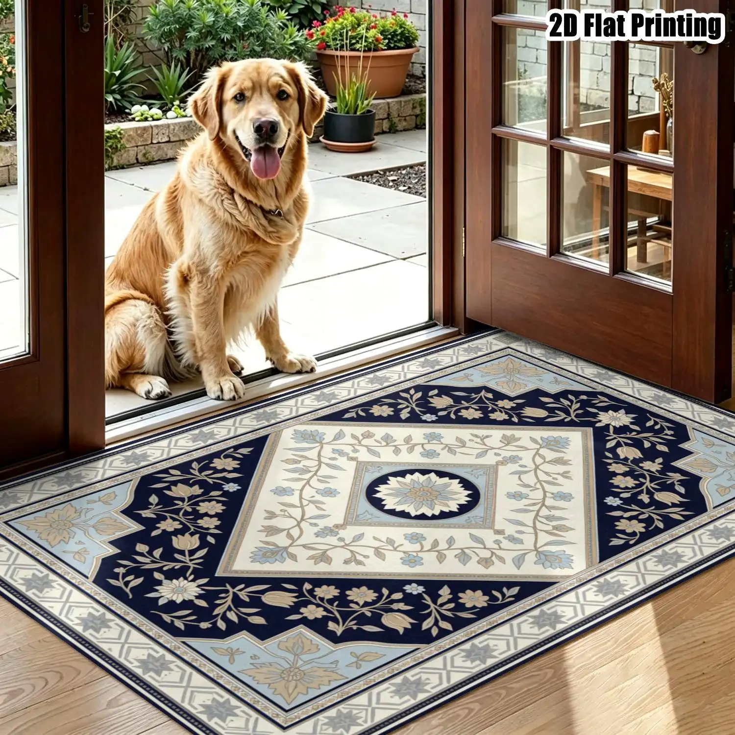 1Pc 2D Printed Carpet: Dark Blue & Off-White Floral Geometric Designs Vintage European-Style Minimalist Rug, Machine Washable, Multi-Size, Ideal for Entrance, Dining, Foyer, Bedroom, Living Room Home Decor