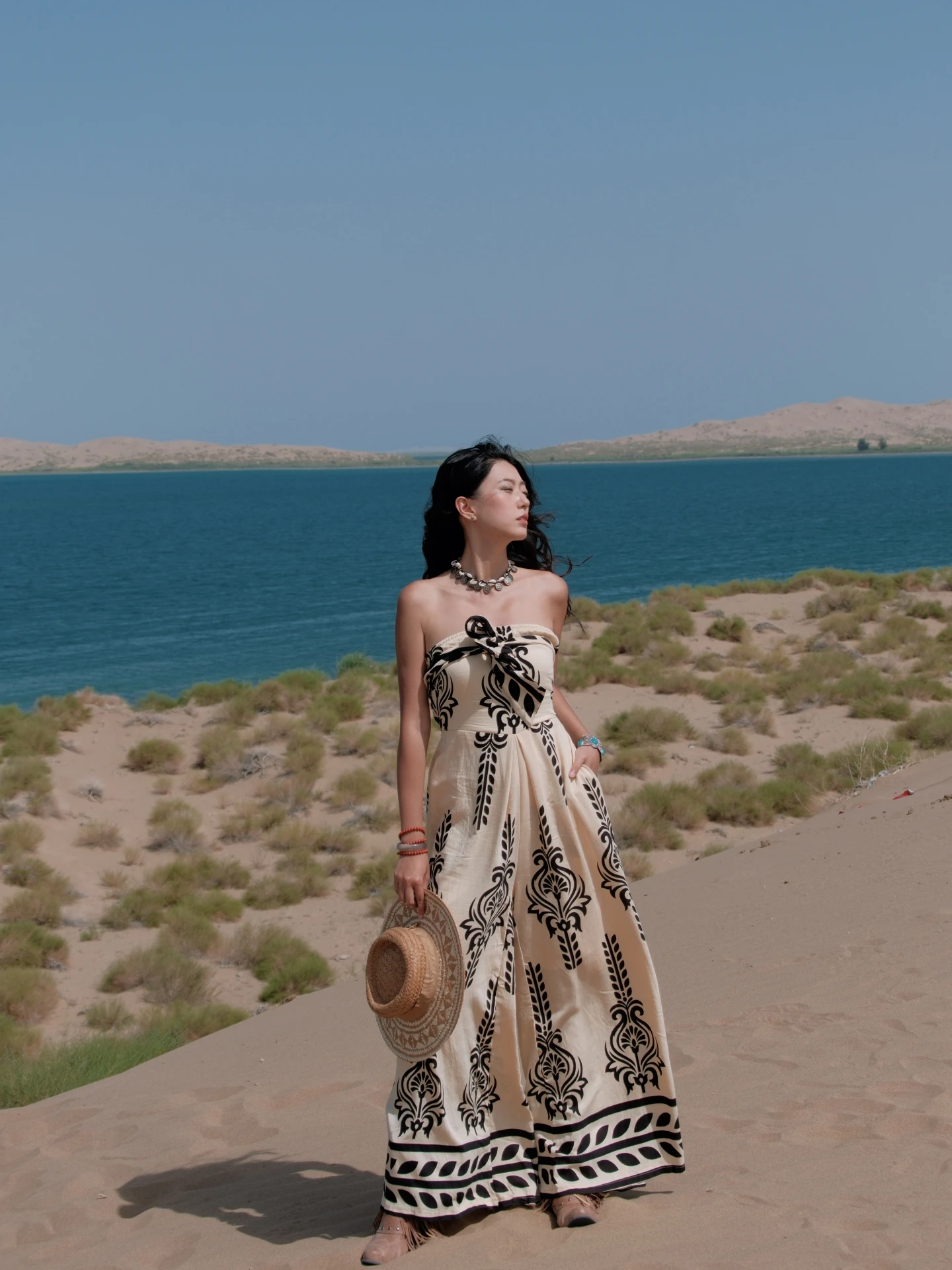 

Ethnic Print Wide Leg Pants Belted Wrap Top Jumpsuit Women's Summer Desert Vacation Loose Hanging Long Trousers