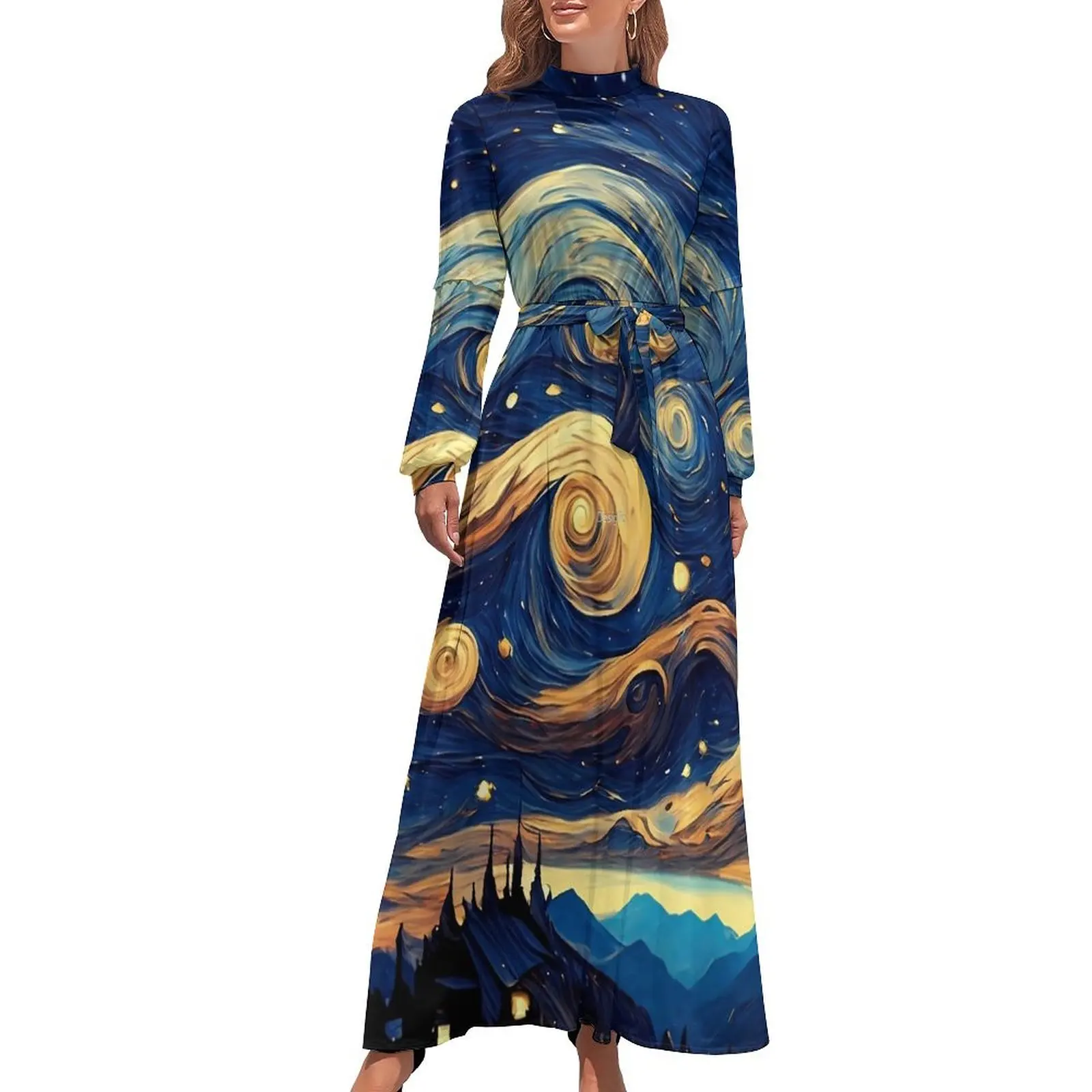 

Starry Night Print Dress Long Sleeve Vincent Van Gogh Kawaii Maxi Dress High Neck Street Style Graphic Beach Long Dresses Gift