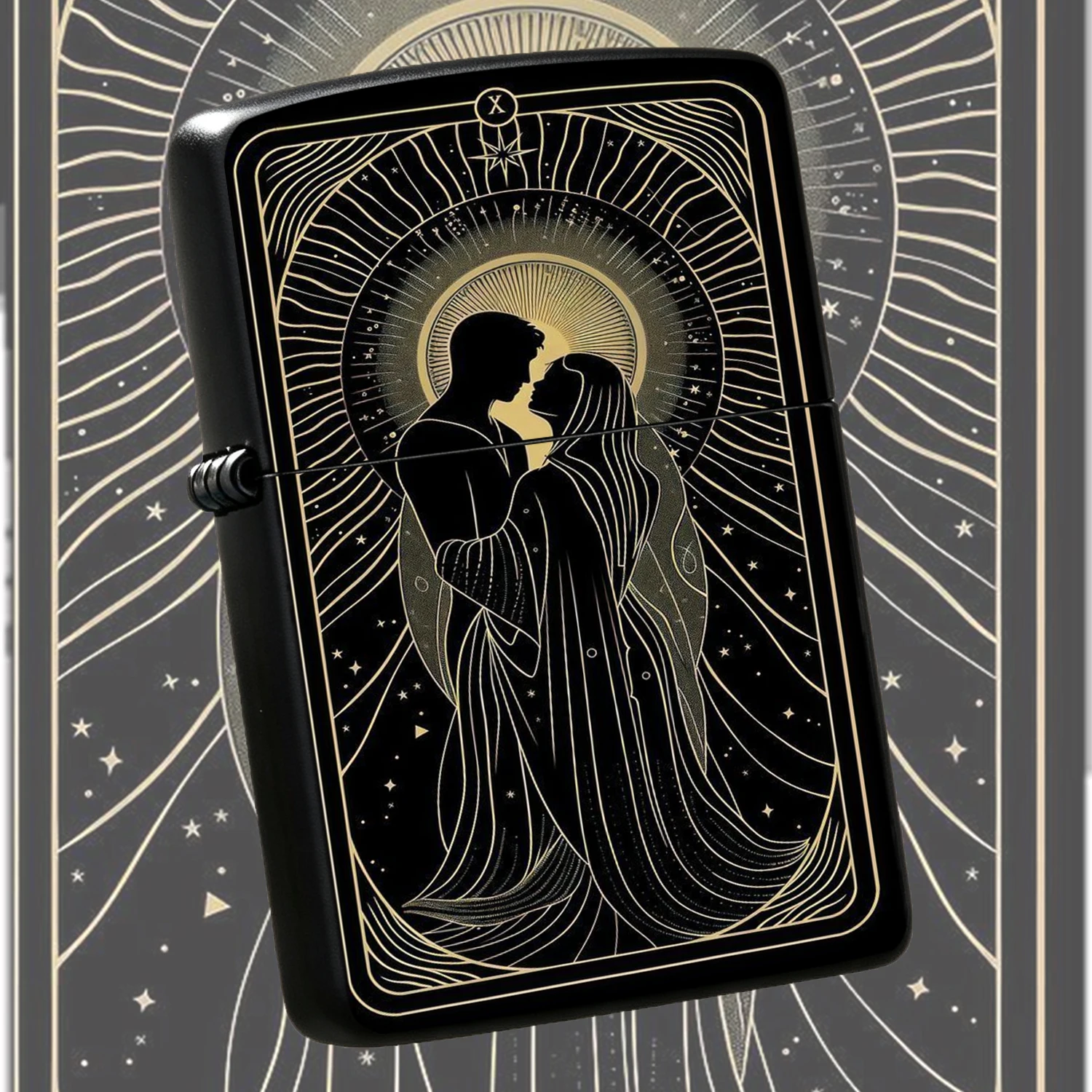 Vintage Black Gold Starry Lovers Tarot Pattern Artistic Aesthetic Etched Windproof Portable Durable Igniter Unique Collectible Gift For Partner Tarot Enthusiast For Birthday Commemoration Daily Use Outdoor Starting A Fun And Humorous Lighte