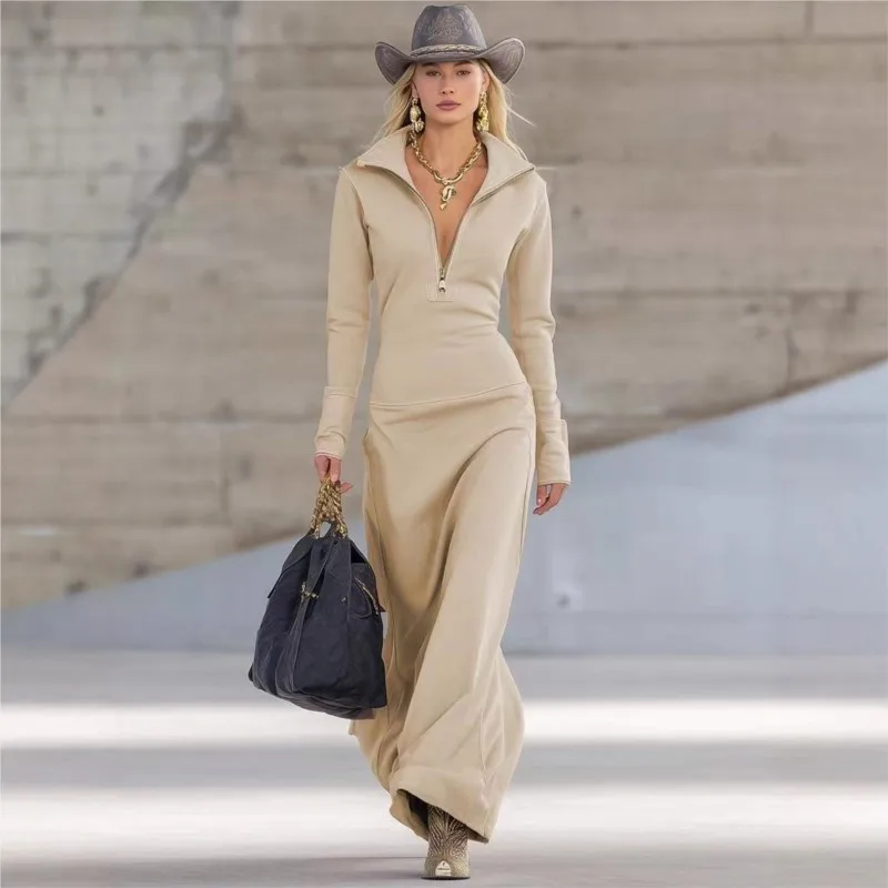 

Zipper POLO Collar Autumn Winter Slim Fit Solid Color Dress For Women's Casual Long Sleeved Long Frock Vestidos Para Mujer