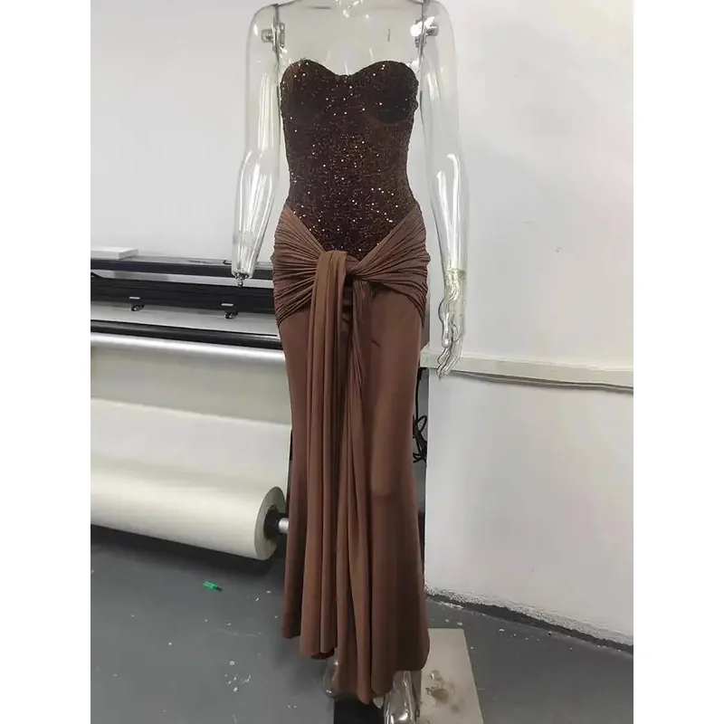 Brilho fora do ombro sexy maxi vestido feminino elegante glitter sem alças sem costas sem mangas drapeado ruched clube vestido de festa