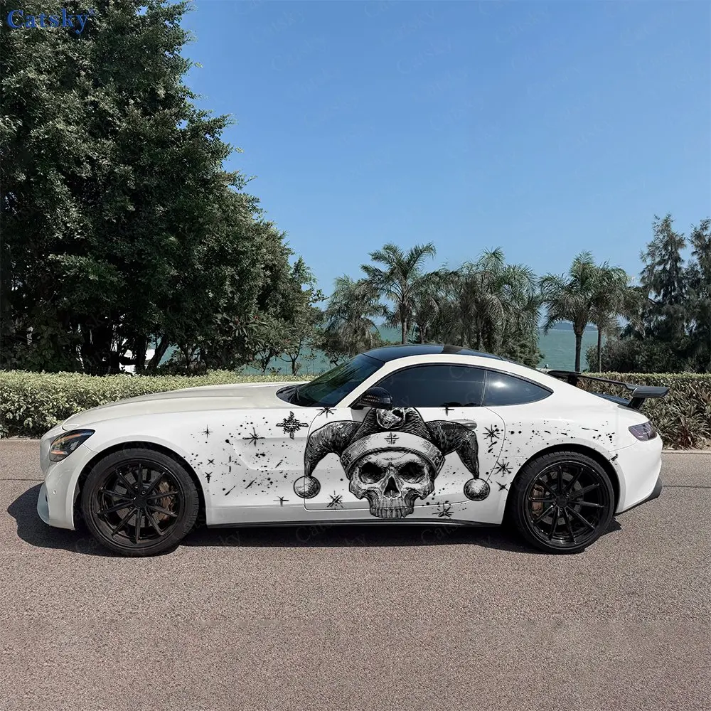 2pcs Dark Jester Skull Snowflake Accent Car Side Wraps, Self-Adhesive PVC Waterproof & Scratch-Resistant Stickers, Car Accessory