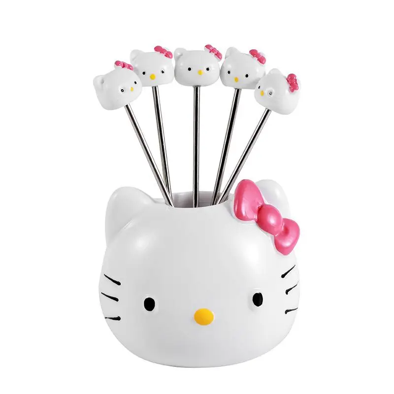 Creatieve schattige Hello Kitty fruitvorkset Roestvrijstalen kinderveiligheid fruitvork Desktop opslagpot ornamenten Vakantiecadeau