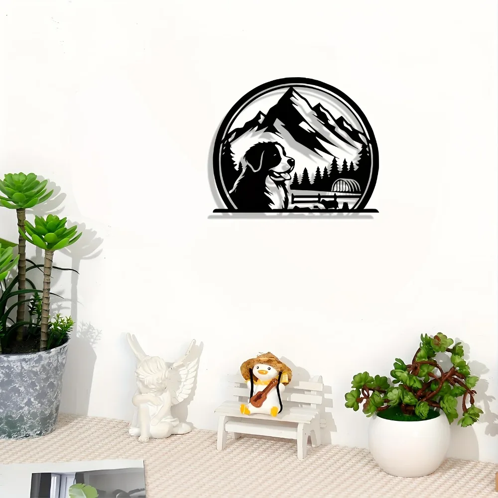 1pc Metal Bernese Mountain Dog Wall Art, Illuminated Dog Statue Mural with Wildflower Nameplate Gift for Pet Lovers Home Decor - view 3